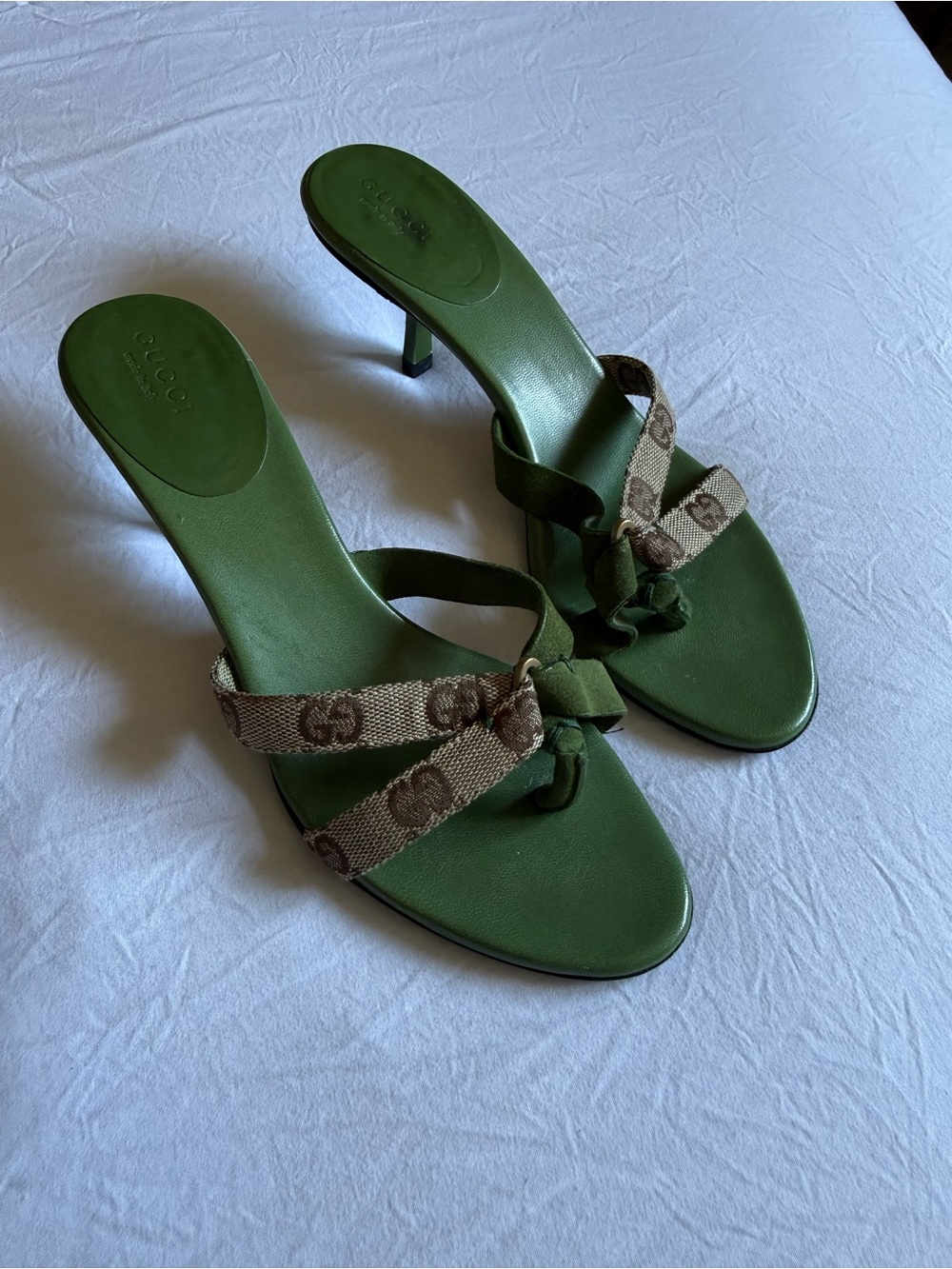 Gucci Tom Ford era Green/Brown GG Canvas with Suede mules/sandals on kitten heel